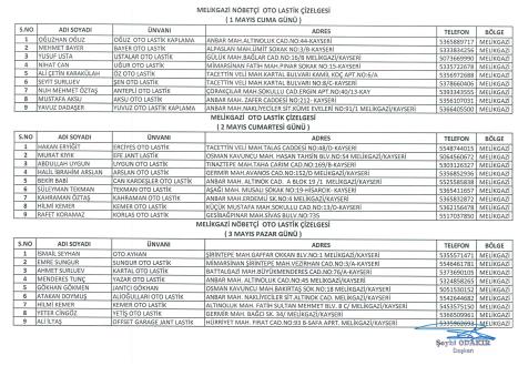 1-2-3 MAYIS TARİHİNDE NÖBETÇİ OTO  LASTİKÇİ LİSTESİ