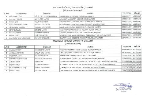16-17-18-19 MAYIS TARİHLERİNDE NÖBETÇİ LASTİKÇİLER
